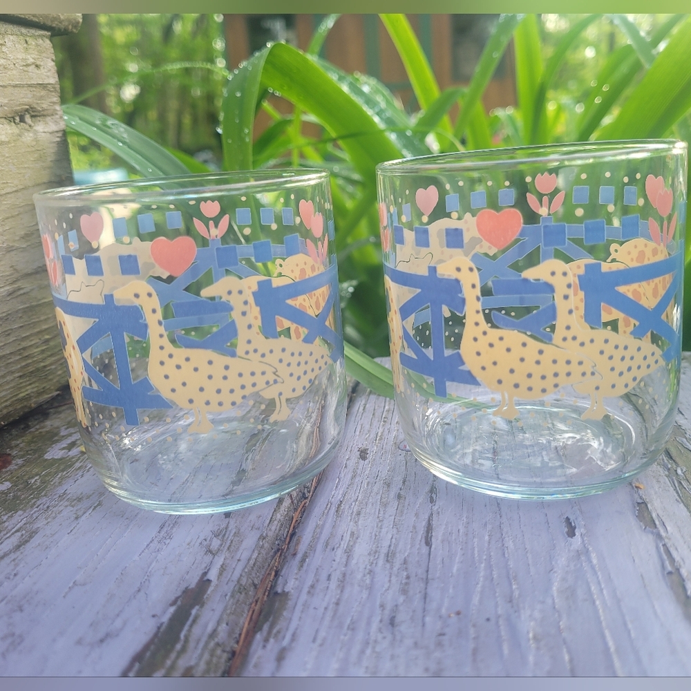 Libbey Juice Glasses Pink Blue Pastel Farmhouse Pigs Geese Cows Coquette Hearts